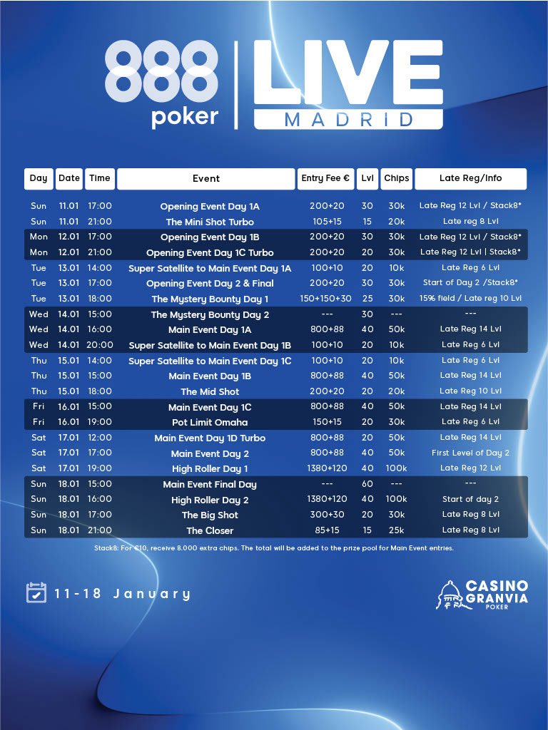 888Poker Live Madrid 2026 cronograma Casino Gran Via