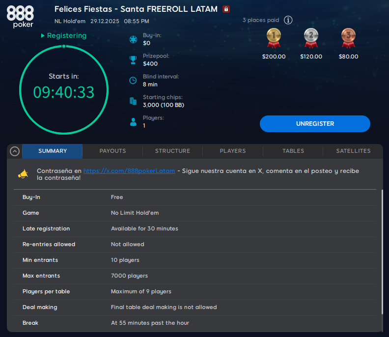 santa freeroll 888poker gracias Navidad