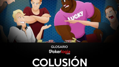 Varios hombres mirando con enojo a un sudado jugador de poker, la leyenda reza colusión