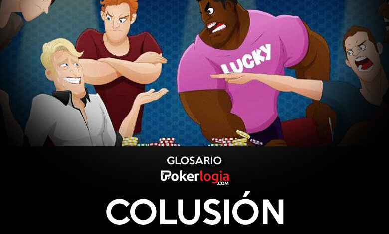 Varios hombres mirando con enojo a un sudado jugador de poker, la leyenda reza colusión