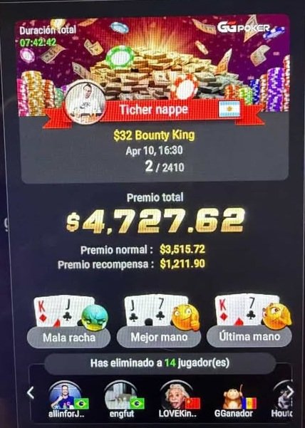 Nappe $32 Bounty King segundo puesto