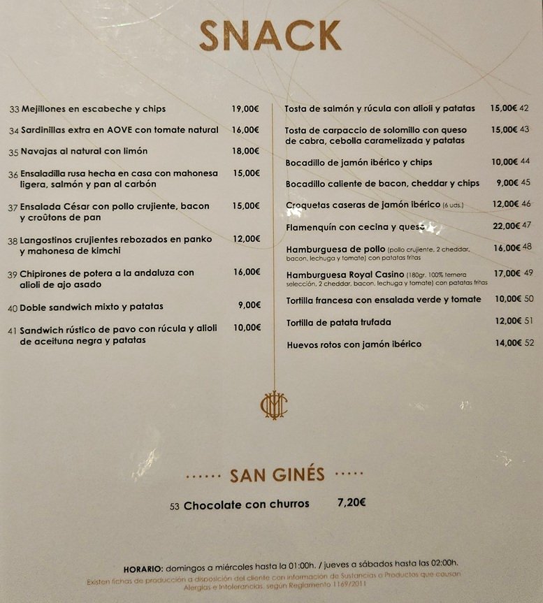 Snacks Cash Game Casino Gran Via de Madrid