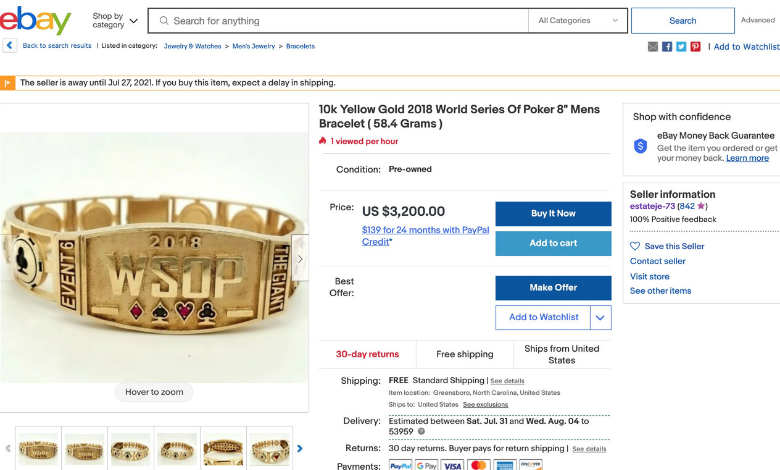 Venden en Ebay un brazalete de la WSOP 2018 a u$s 3.200 brazalete ebay