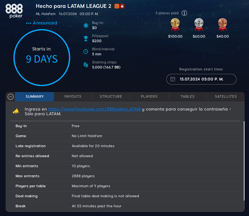 hecho II freeroll latsam league 888poker