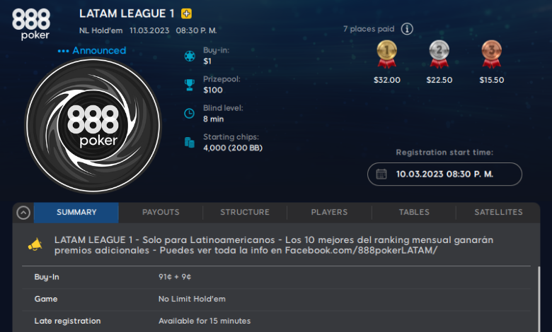 Marzo de Latam League: Todos los sabados en 888Poker latam league poker latinoamerica gratis 888poker