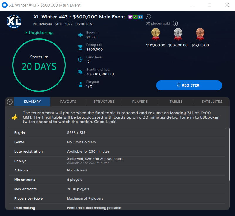 xl winter 888poker main event 2022